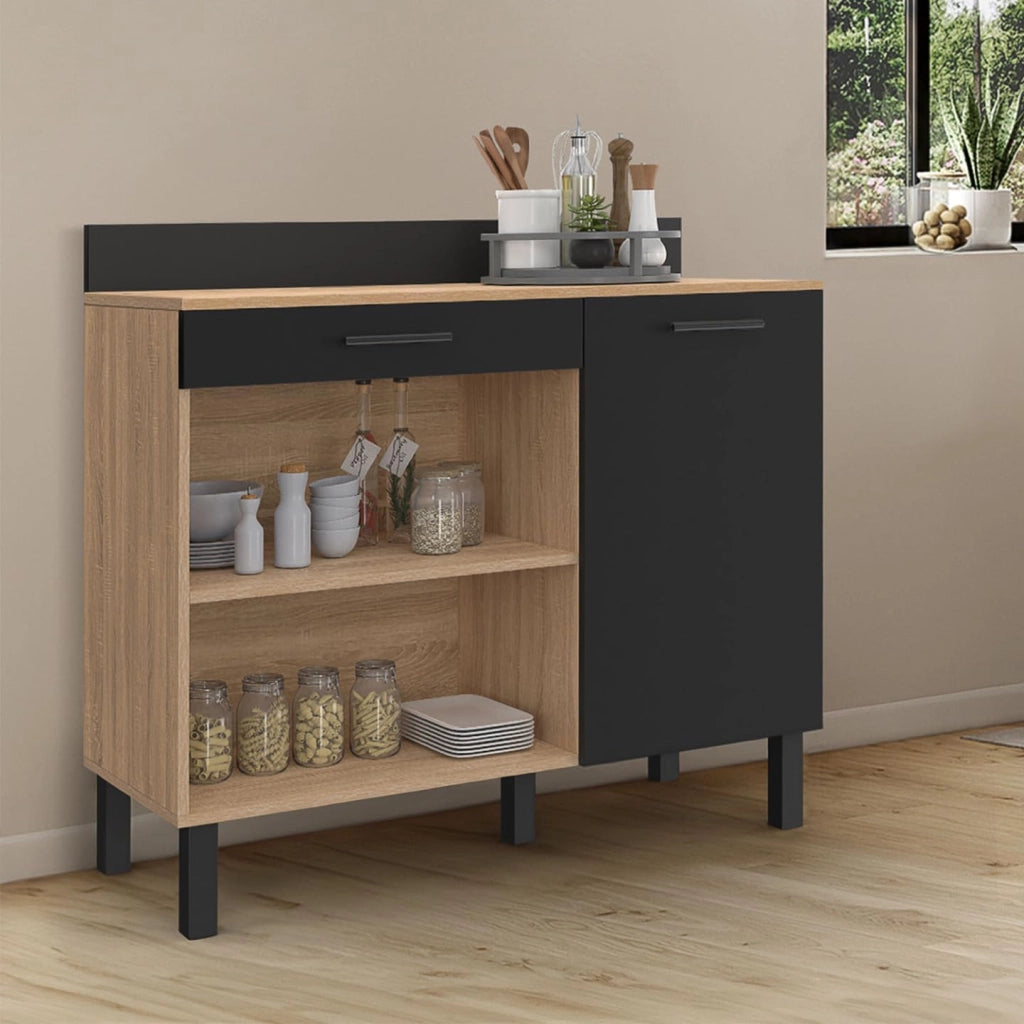 Credenza bassa 100 CM CINA piano di lavoro H.83 cm 1 anta + 1 cassetto finitura faggio e nero