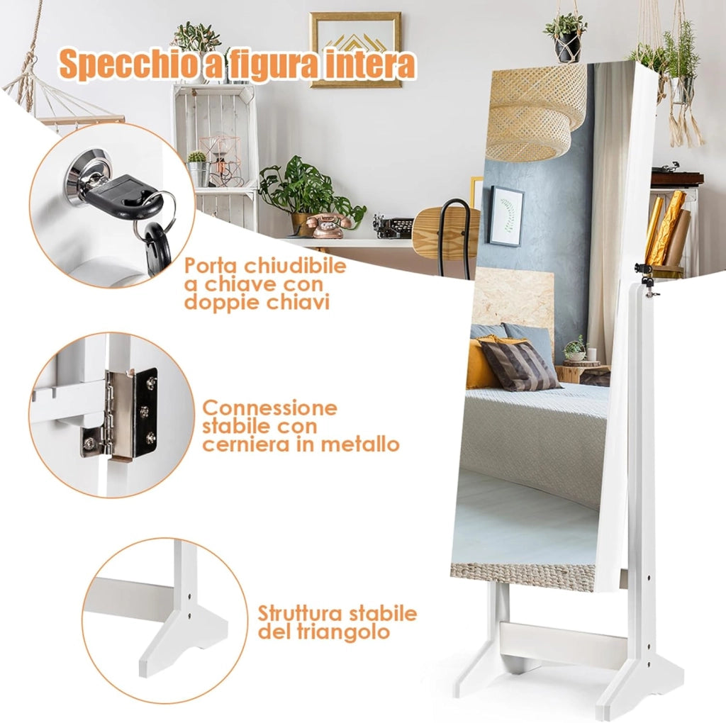 Armadietto Portagioie Specchiera per Gioielli, Armadio per Gioielli 2 in 1 con Grande Capacità, 4 Angoli Regolabili, 41 x 36,5 x 146 cm (Bianco)