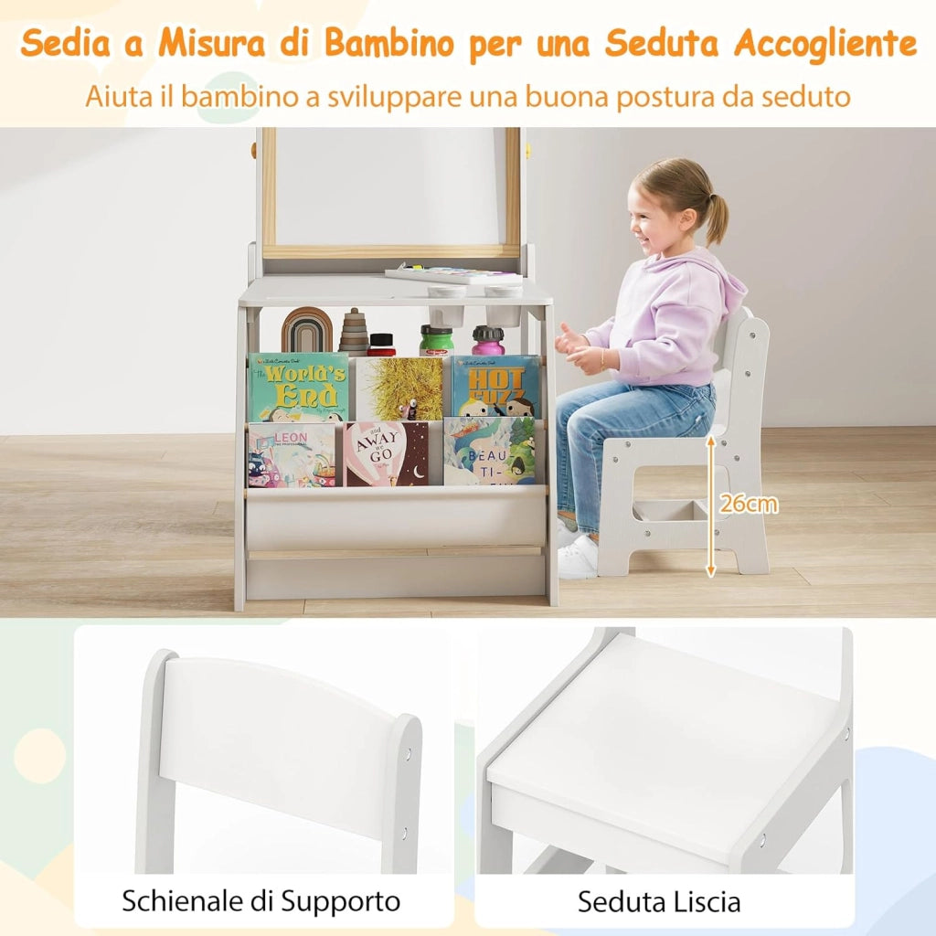 Set 3 in 1 Tavolo e Sedia per Bambini 3+ Anni, Tavolo in Legno Sicuro con Lavagna, Sedia, Lavagna Bianca, Rotolo di Carta, 2 Ripiani Aperti e Libreria a 2 Ripiani, Ideale per Disegno (Grigio)