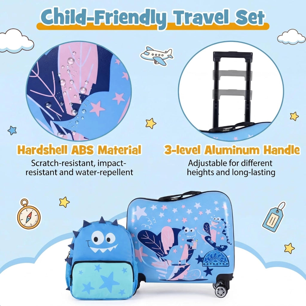 Set di Valigia Cavalcabile 18’’ + Zaino 12’’ per Bambini 2 Pezzi, Bagagli 2-in-1 di con Maniglia Telescopica e 4 Ruote, Trolley Bagaglio a Mano e Zaino per Bambini (Blu Dinosauro)