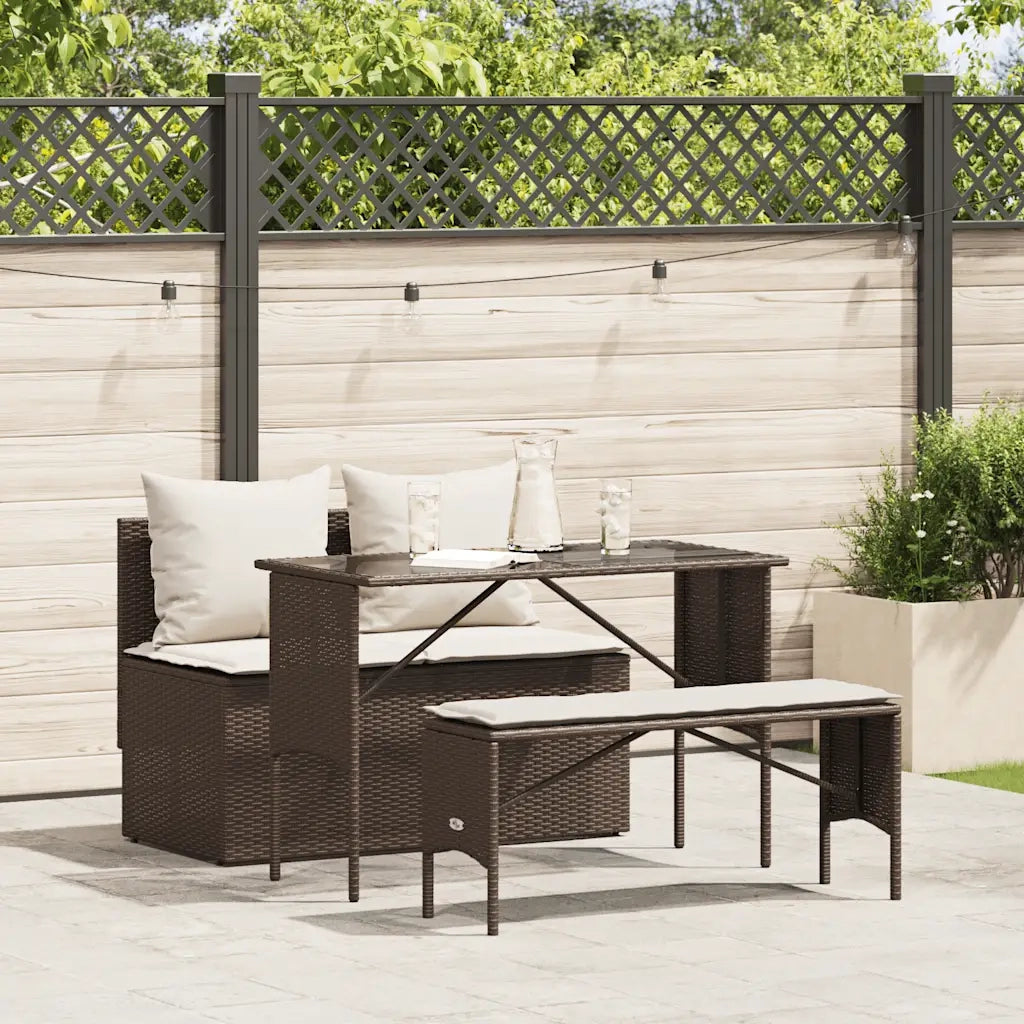 Set da Pranzo da Giardino 3pz | Set Salotto da Giardino con Cuscini in Polyrattan Marrone