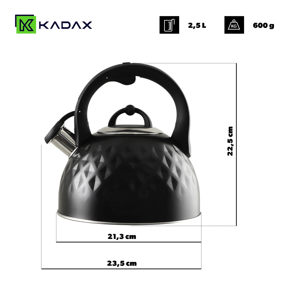 Bollitore a gas/induzione KADAX nero da 2,5 litri con fischietto, in acciaio tradizionale