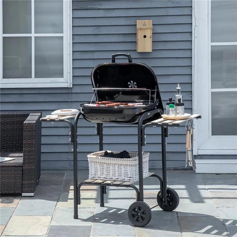 BARBECUE A CARBONE CON COPERCHIO RIPIANI E RUOTE COMPLETO DI SPATOLA PINZA E COLTELLO NERO