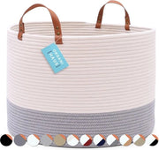 Dipendente per coperte extra grande con maniglie in pelle vera | cesta per coperte intrecciata | grande cesta per asciugare | cesta per scarpe e cesta per asciugare intrecciata 50x33 cm - bianco/grigio