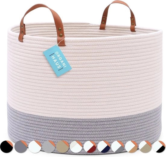 Dipendente per coperte extra grande con maniglie in pelle vera | cesta per coperte intrecciata | grande cesta per asciugare | cesta per scarpe e cesta per asciugare intrecciata 50x33 cm - bianco/grigio