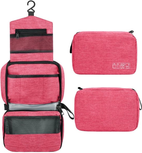 Toilette da appendere, Toilette da viaggio impermeabile per donne, con robusta cerniera, Borsa cosmétici compatta e trasportabile per donne e uomini, Borsa da bagno da appendere - Rosa - S