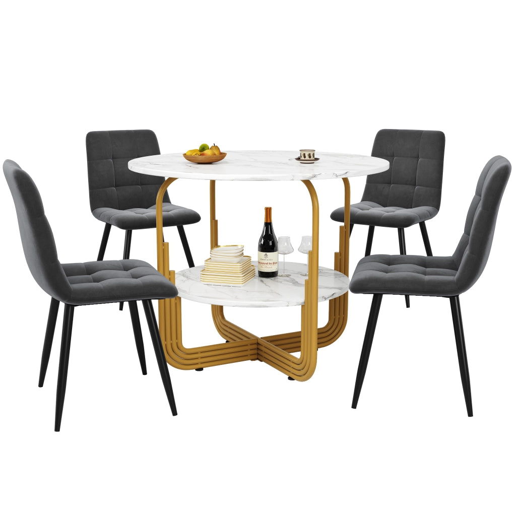 Tavolo da pranzo rotondo per 4 persone con 4 sedie, piano effetto marmo, gambe in metallo, per cucina e sala da pranzo