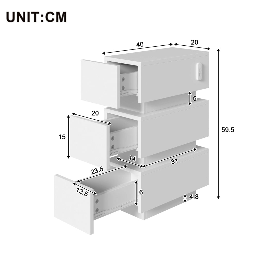 Set di 2 comodini stretti con LED; USB e Type-C; 3 cassetti; 20x40x59;5 cm; bianco