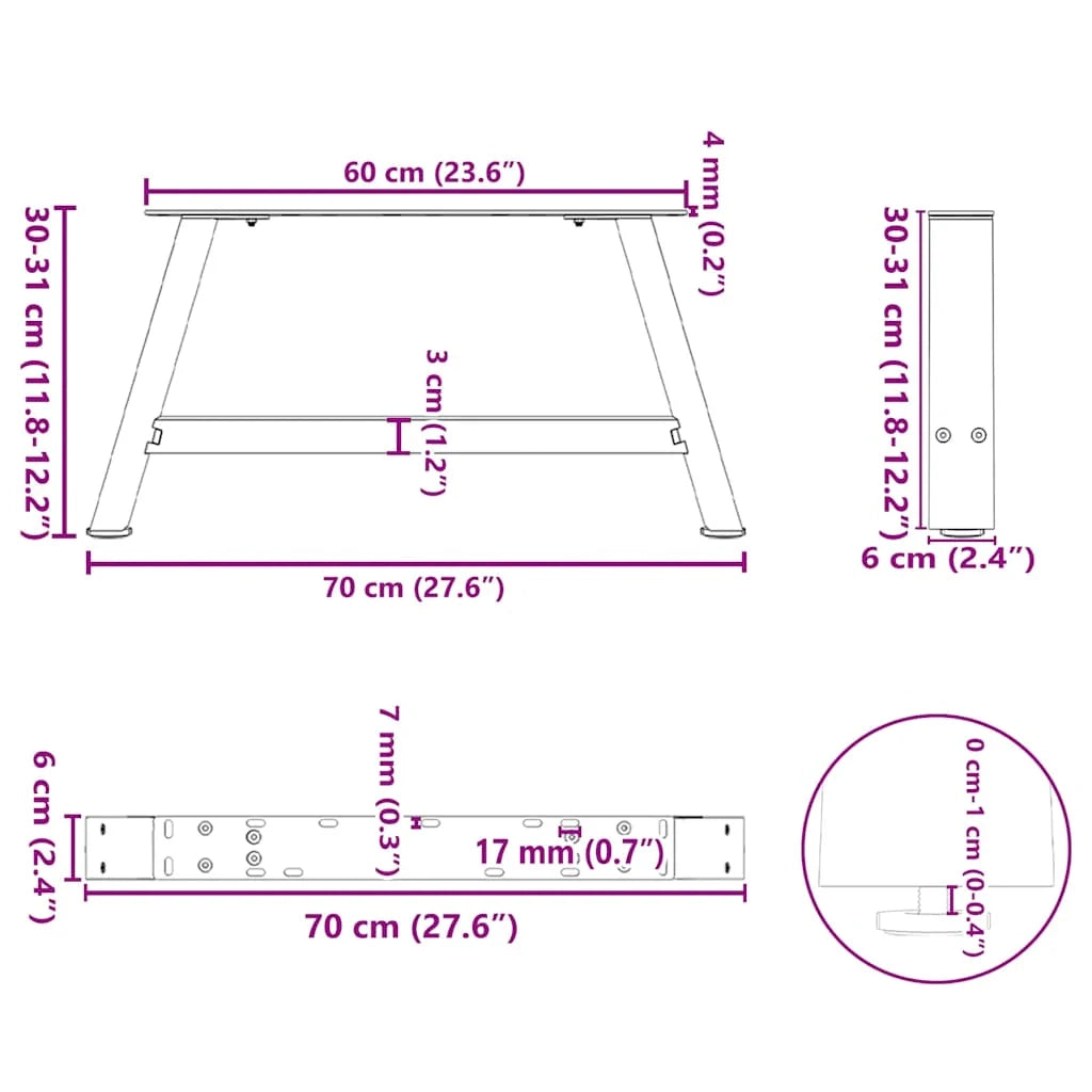 Set di 2 gambe per tavolino da caffè a forma di A con piedini regolabili 70 x 31 cm acciaio bianco 02_0057105