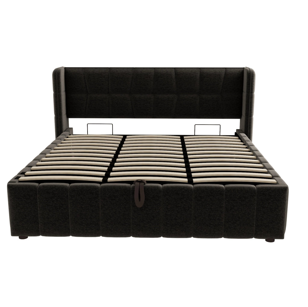 Letto matrimoniale imbottito ULEVR 180x200 cm con contenitore sollevabile e rete a doghe, grigio