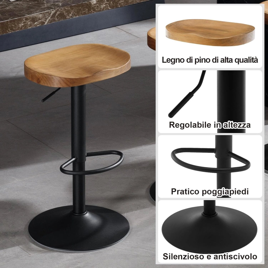 Sgabelli da Bar Set di 4, Sgabelli da Bar per Colazione in Legno Massiccio, Sgabelli da Cucina a Sella, Altezza Regolabile, Sgabelli Girevoli a 360° con Poggiapiedi, legno scuro,BH413dc-4