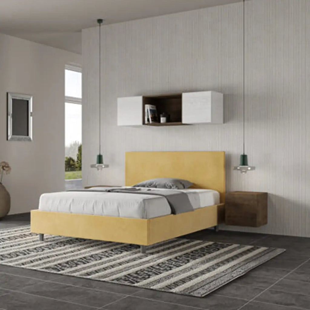 Letto matrimoniale francese contenitore imbottito 140x210 microfibra ocra Adele