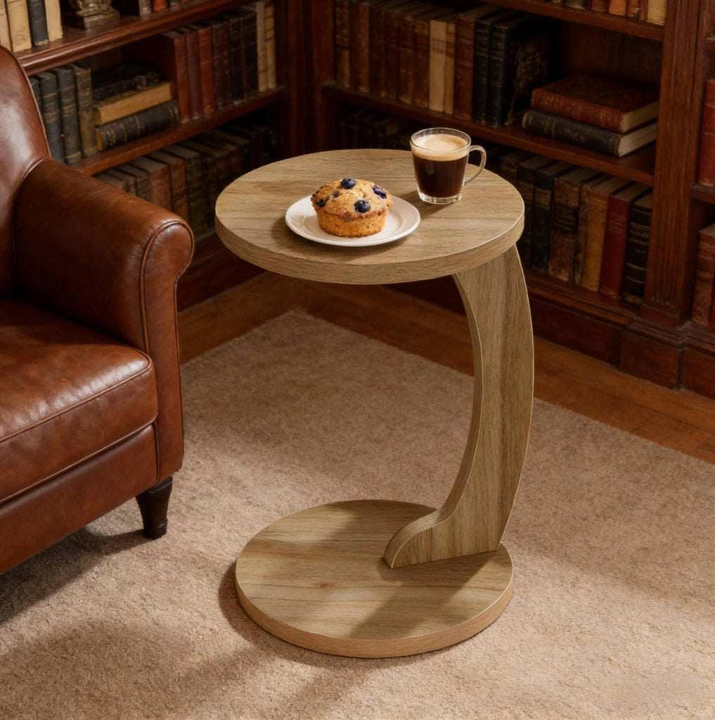 Tavolino rotondo C a forma di C in MDF effetto quercia chiara, 38 cm x 55 cm