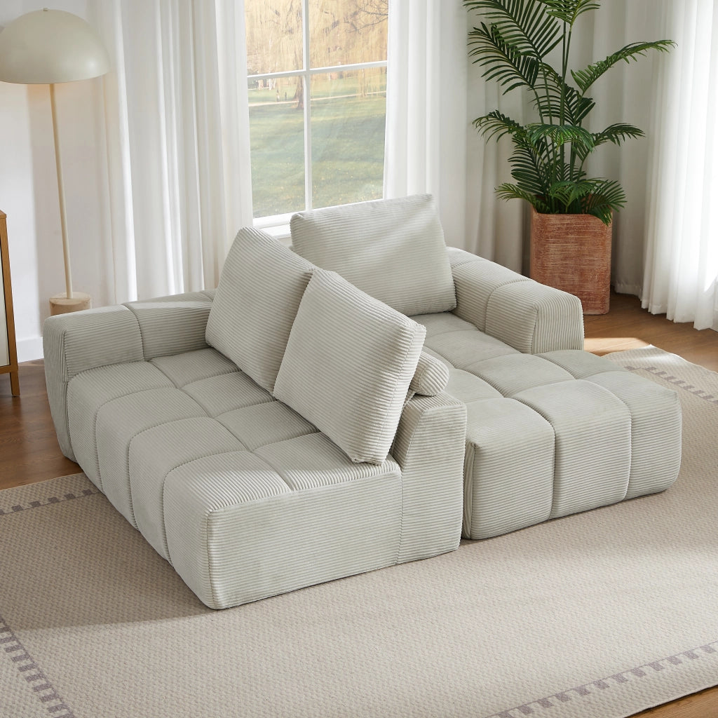 Divano angolare in velluto a coste con design segmentato e cuscini sfoderabili senza montaggio per soggiorno beige