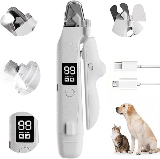 Taglierino per animali domestici - 2-in-1 taglierino LED per unghie - Curatela sicura e senza problemi per il tuo animale domestico - Con luce - Progettazione silenziosa - Adatto per gatti e cani - Bianco