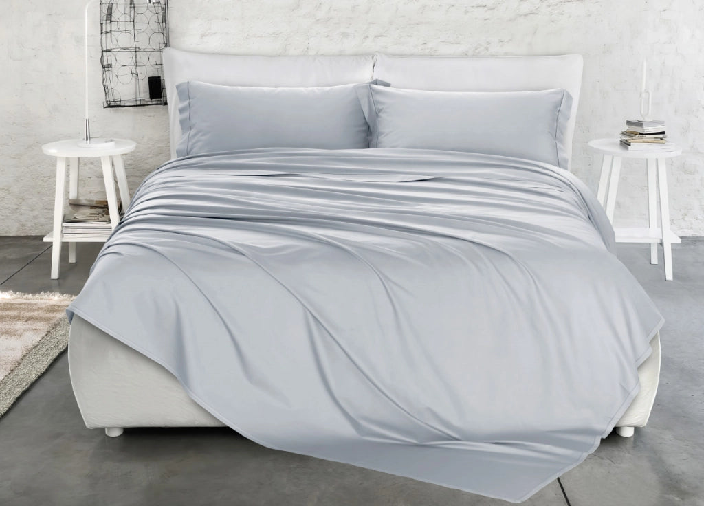 Completo Lenzuola Matrimoniale 100% Raso Cotone Tinta Unita Made Italy - Matrimoniale - Grigio Perla