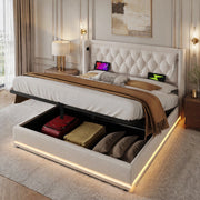 Letto matrimoniale imbottito 160x200 cm in cotone beige con contenitore; USB Type-C e LED