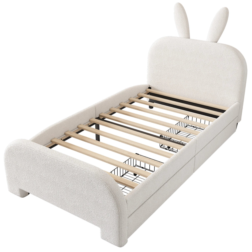 Letto per bambini 90x200 cm imbottito con testiera a forma di coniglio; 2 cassetti; bianco