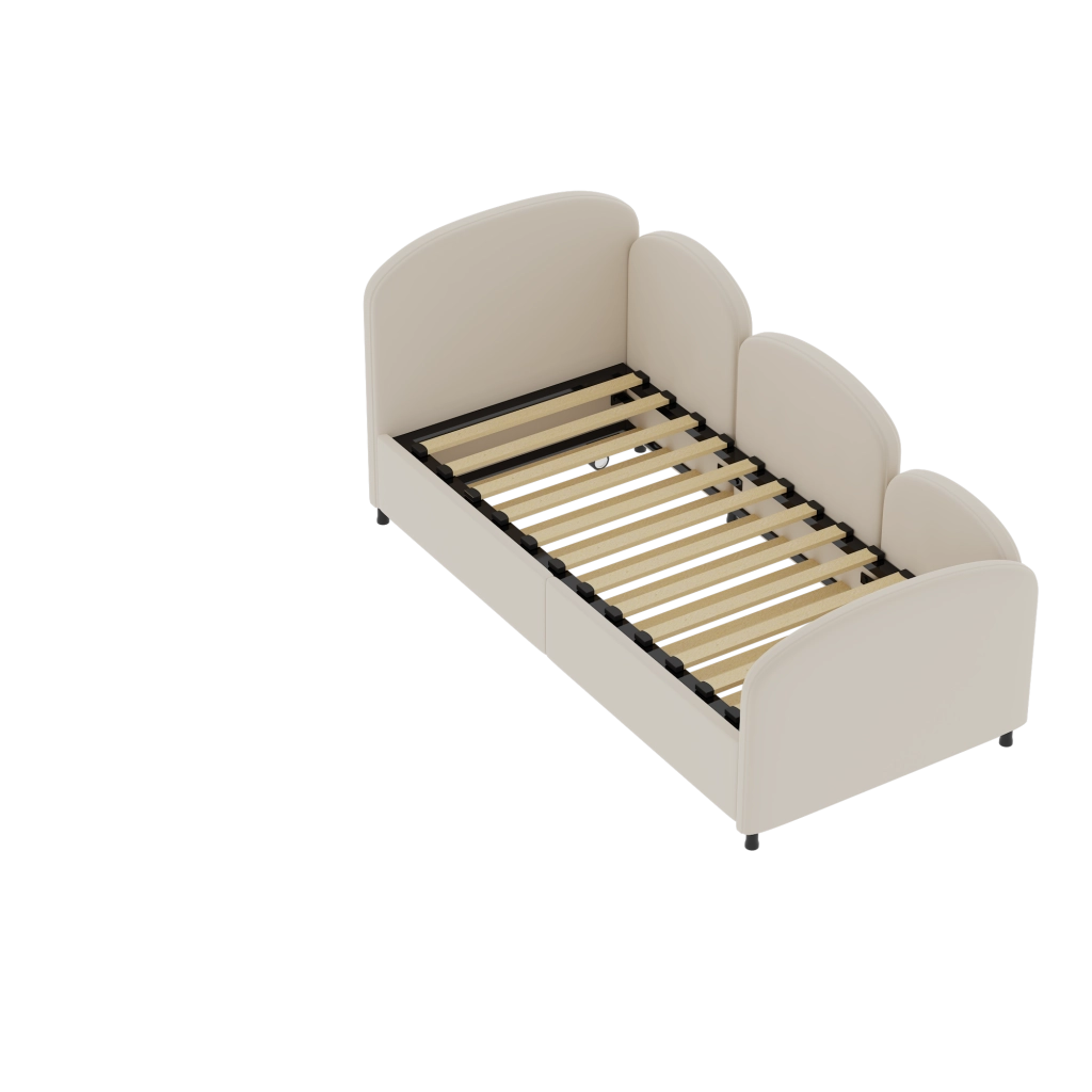 Letto per bambini 90 × 200 cm con cassetto, barriera di sicurezza, senza materasso, in velluto, beige
