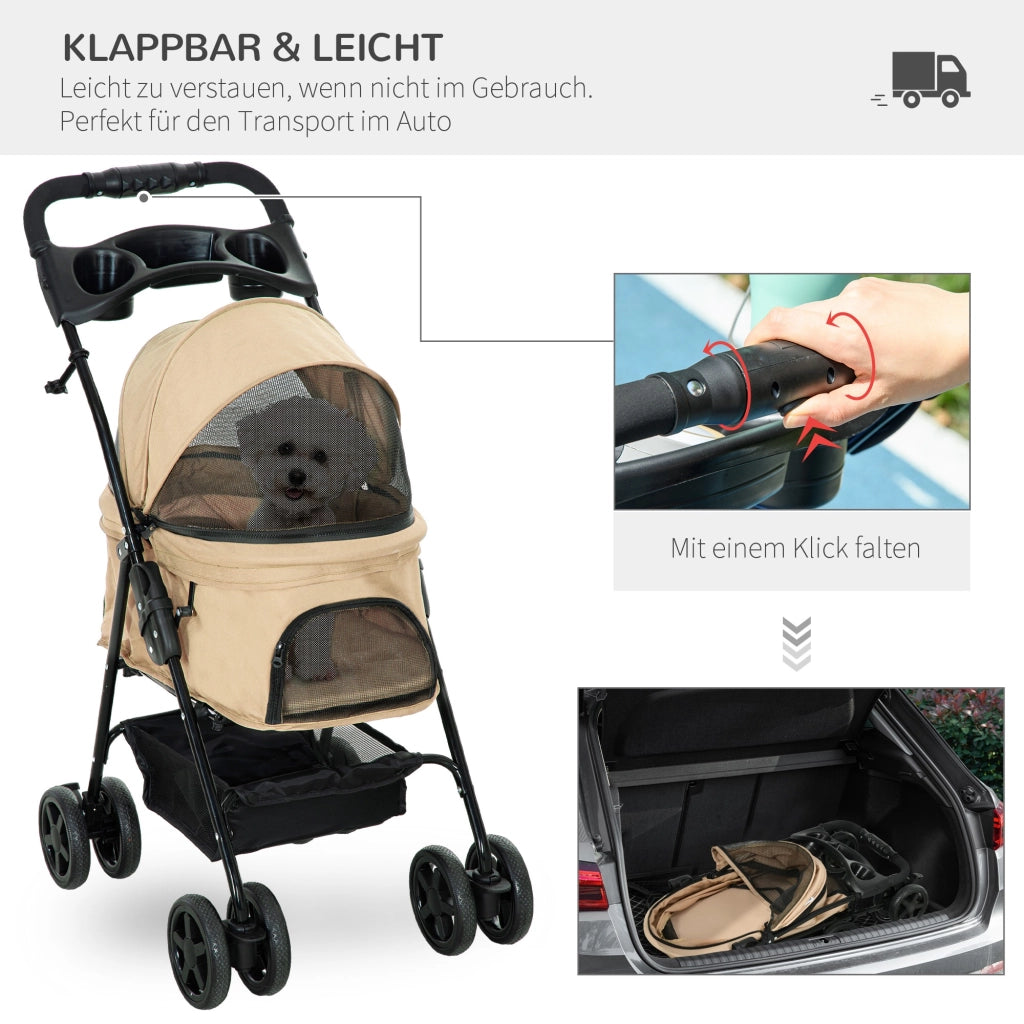Carrello pieghevole per animali con quattro doppie ruote, freni posteriori e cestello in tessuto oxford khaki