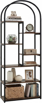 Libreria ad Arco, Libreria a 7 Ripiani Aperto con 2 kit Antiribaltamento e Piedini Regolabili, Scaffale Portaoggetti con Struttura in Legno, Espositore per Soggiorno Ufficio, 70x30x181,5 cm
