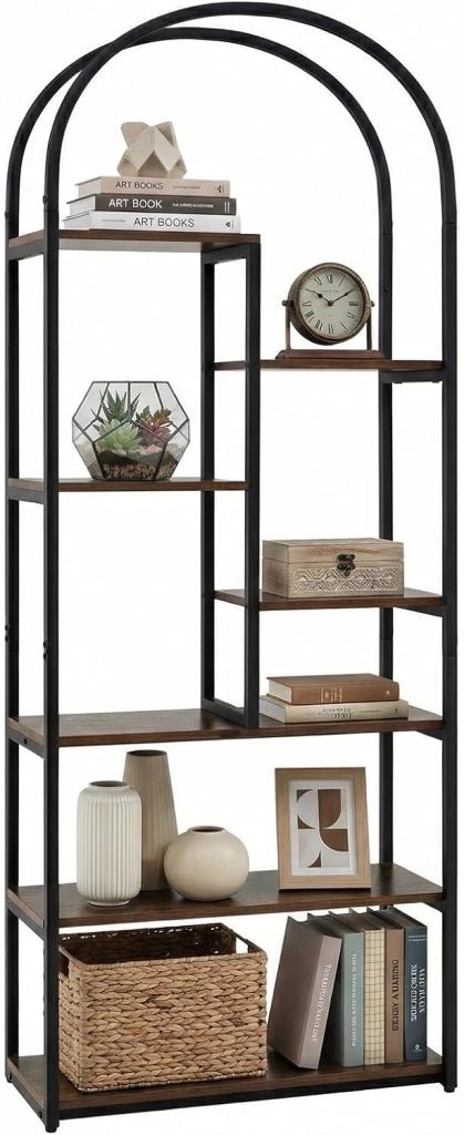 Libreria ad Arco, Libreria a 7 Ripiani Aperto con 2 kit Antiribaltamento e Piedini Regolabili, Scaffale Portaoggetti con Struttura in Legno, Espositore per Soggiorno Ufficio, 70x30x181,5 cm