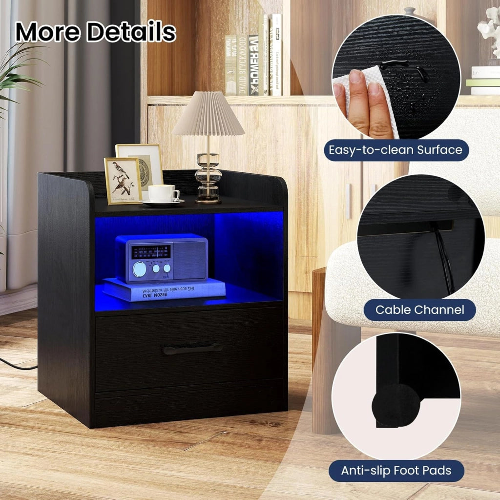 Comodino Cameretta con Luce LED a 16 Colori, Tavolino Camera da Letto con Ripiano Aperto e Cassetto, Comodino Moderno con Telecomando per Soggiorno, 44,5 x 40 x 50 cm, Nero