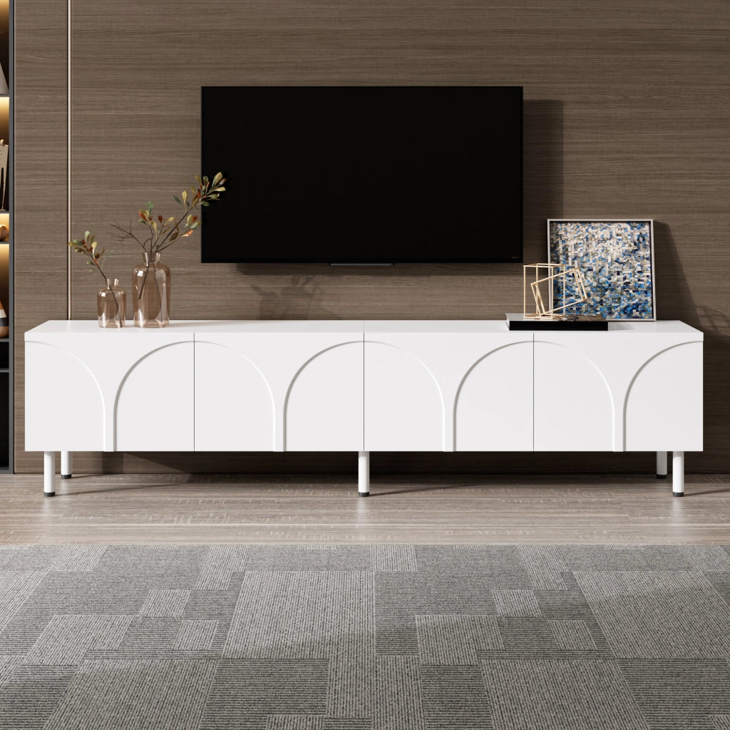 Mobile porta TV con 4 ante e 2 vani separati, piedi in metallo, in MDF e PB, per soggiorno, bianco, 180 × 35 × 49 cm