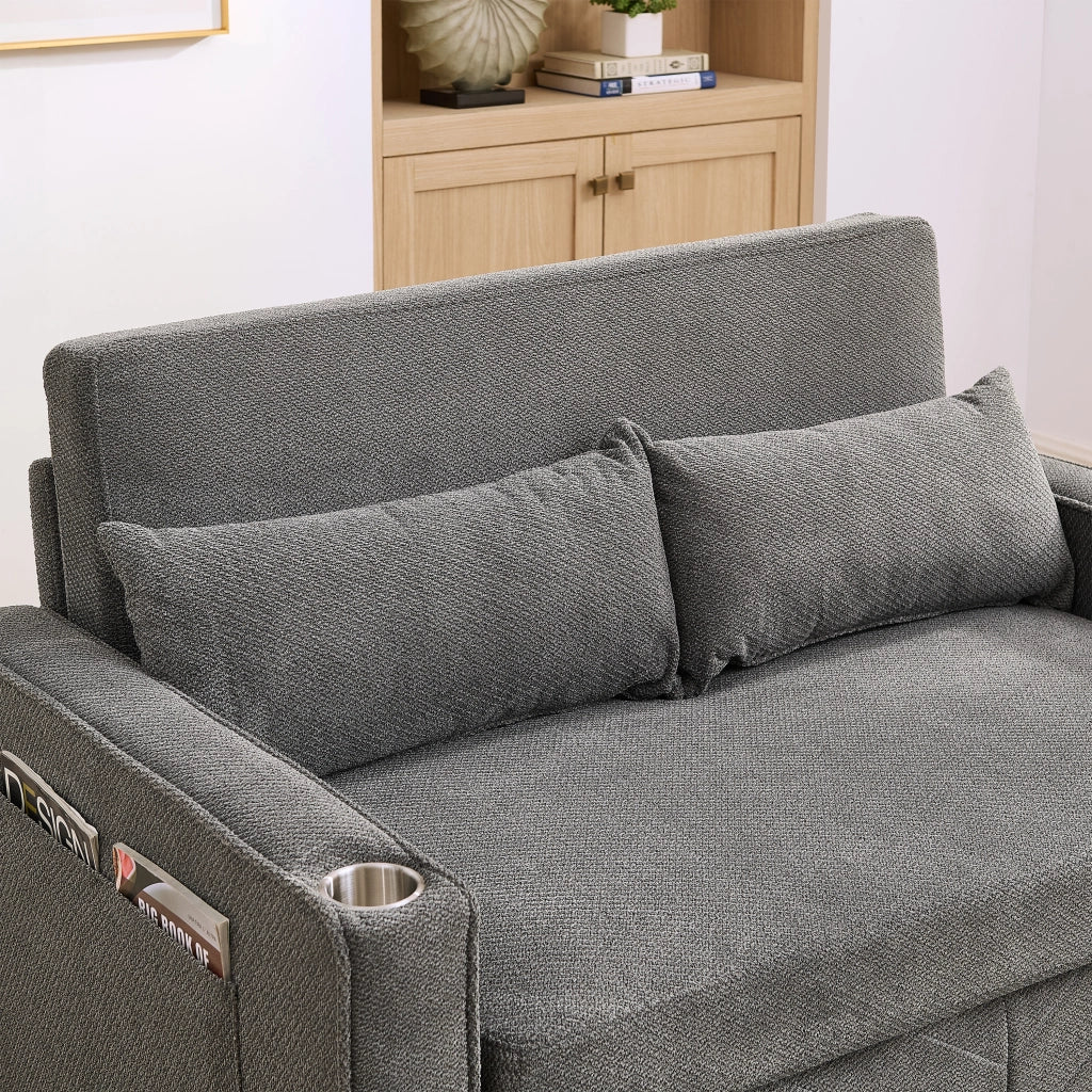 Divano letto 2 posti con funzione 3 in 1 e porte USB scorrevole in tessuto grigio scuro