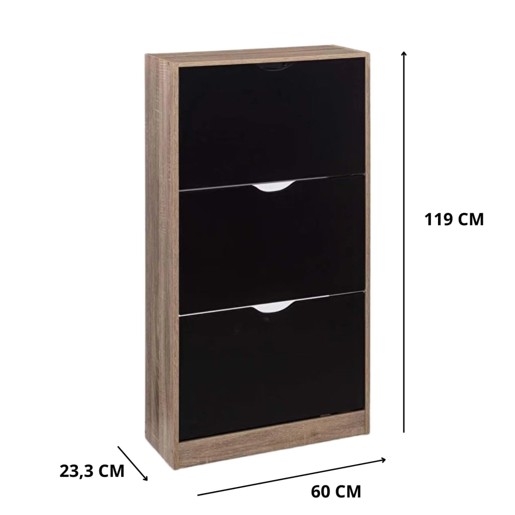 Scarpiera Salvaspazio Slim Ingresso Legno Slim 3 Ripiani Dimensioni Compatte 60 x 119 x 23,3 Ante Moderno MDF Compatta Doppia Profondità Salone Camera a Scomparsa Colore: NERO-ROVERE