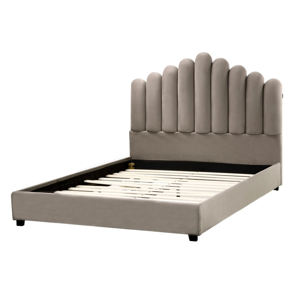 Letto matrimoniale velluto tortora 140 x 200 cm testata alta a conchiglia stile retrò