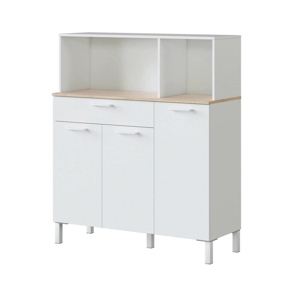 Armadio multiuso Angstrom, Mobile ausiliario da cucina, Credenza a 3 ante e 1 cassetto con ripiani, Armadio aperto, cm 108x40h126, Bianco e Rovere