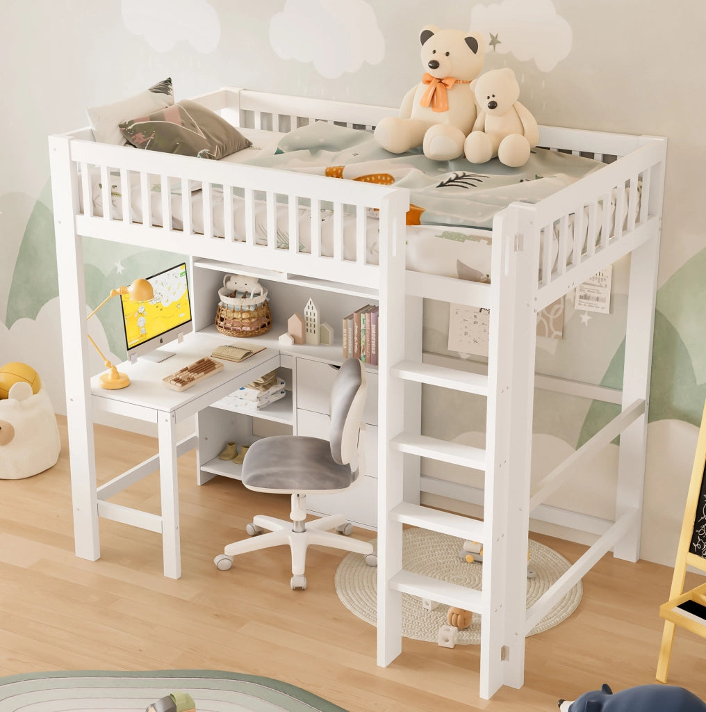 Letto a soppalco 90x200 cm con scrivania; cassetti e vani aperti in legno e MDF bianco