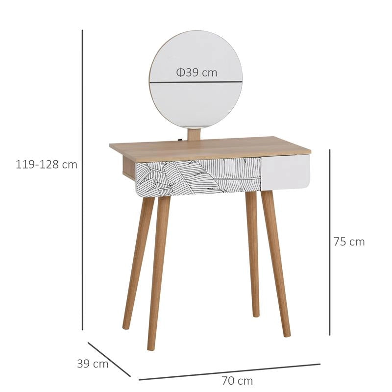 TAVOLO DA TRUCCO CON SPECCHIO TONDO E CASSETTO CON DECORAZIONE JUNGLE BIANCO E ROVERE