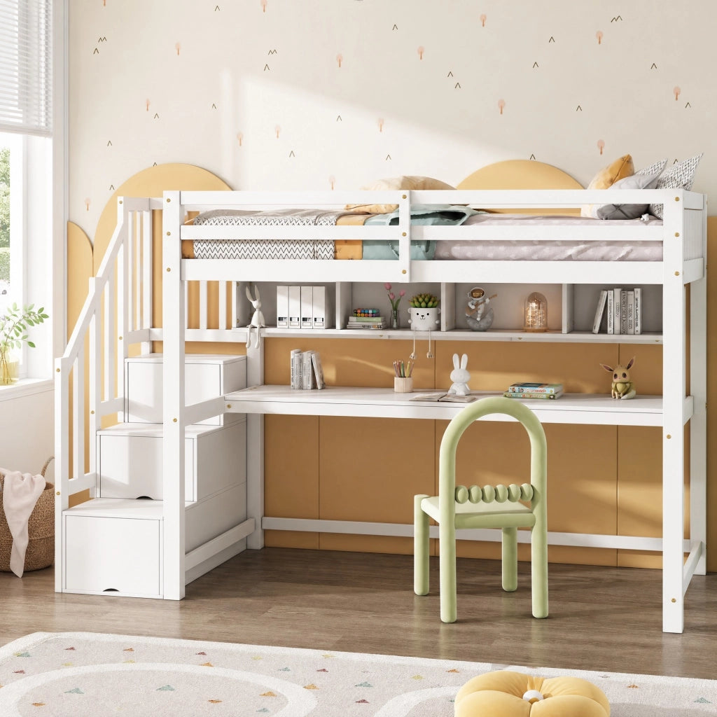 Letto a soppalco per bambini 90x200 cm con scrivania; scala contenitore e ripiani bianco
