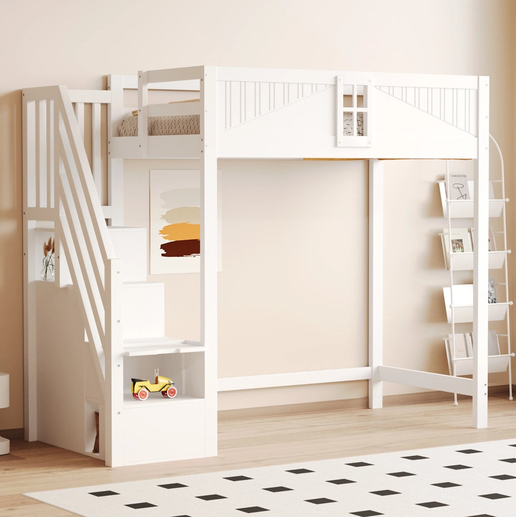 Letto a soppalco 90x200 cm in legno bianco con scala laterale