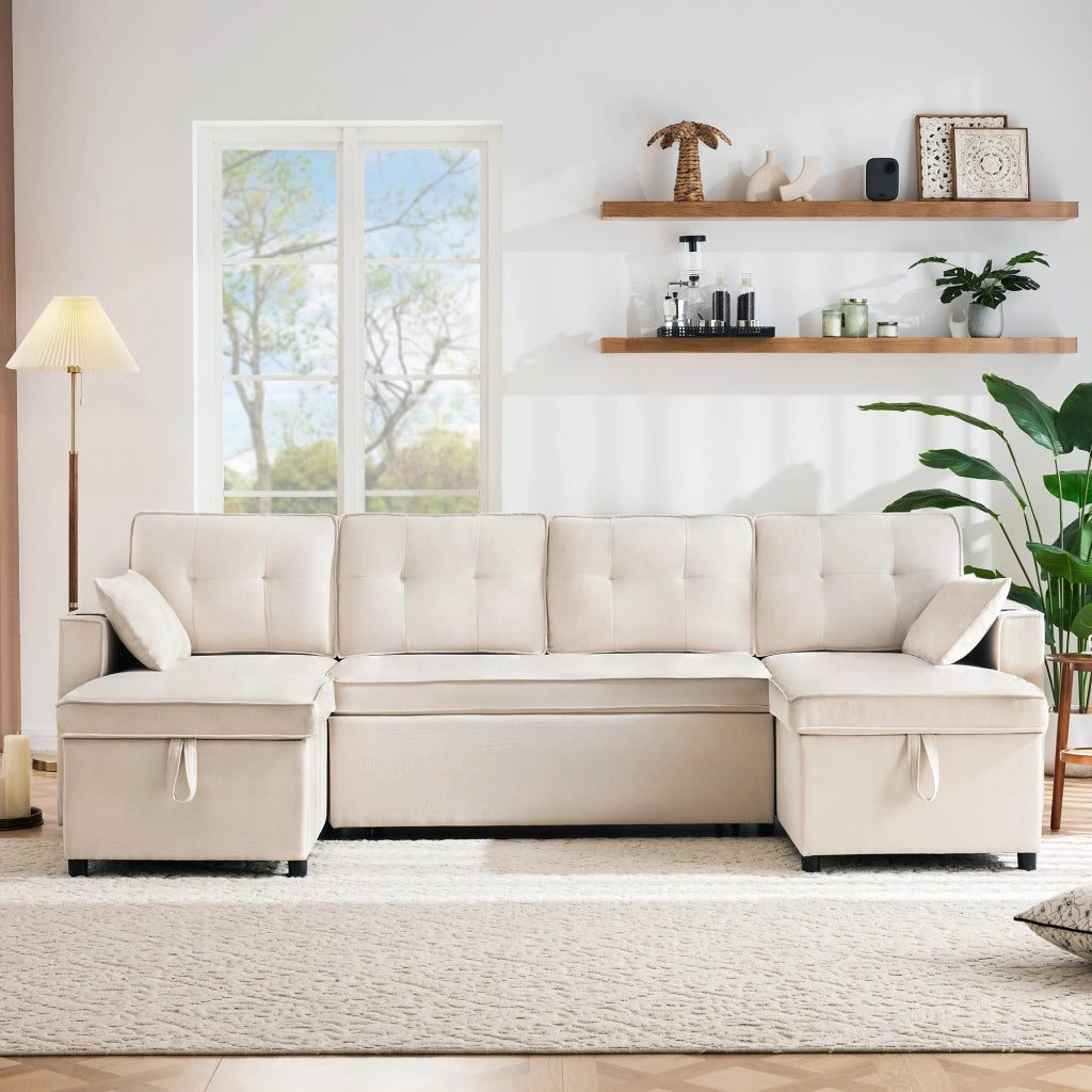 DIVANO LETTO U-forma 270 x 130 x 86 cm Beige in cotone e lino