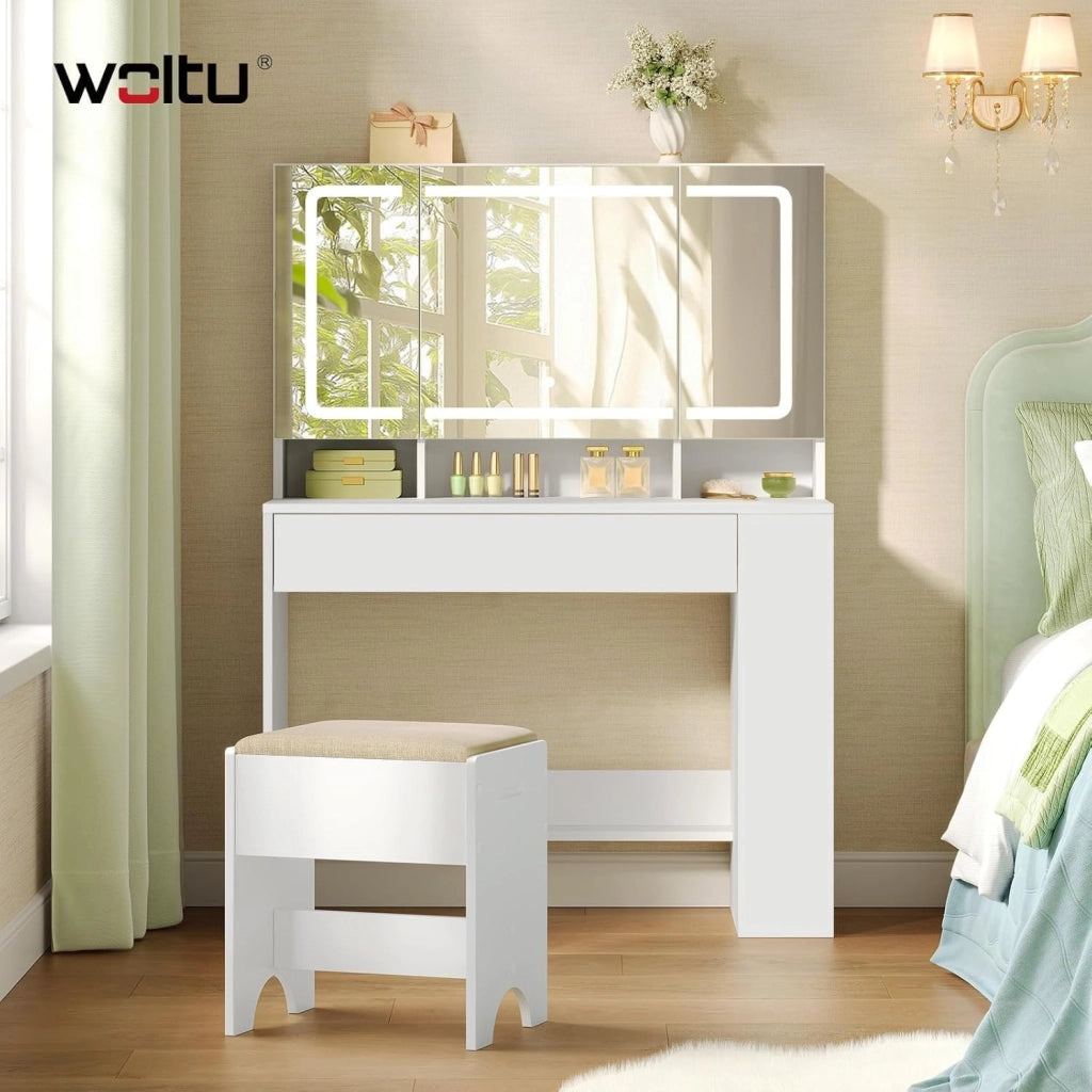 Toeletta con Specchio a LED, Luminosità Regolabile, Postazione Trucco con Scomparti Aperti e Ampio Cassetto, per Camera da Letto, Soggiorno, in Legno, Bianco, 90x40x135 cm