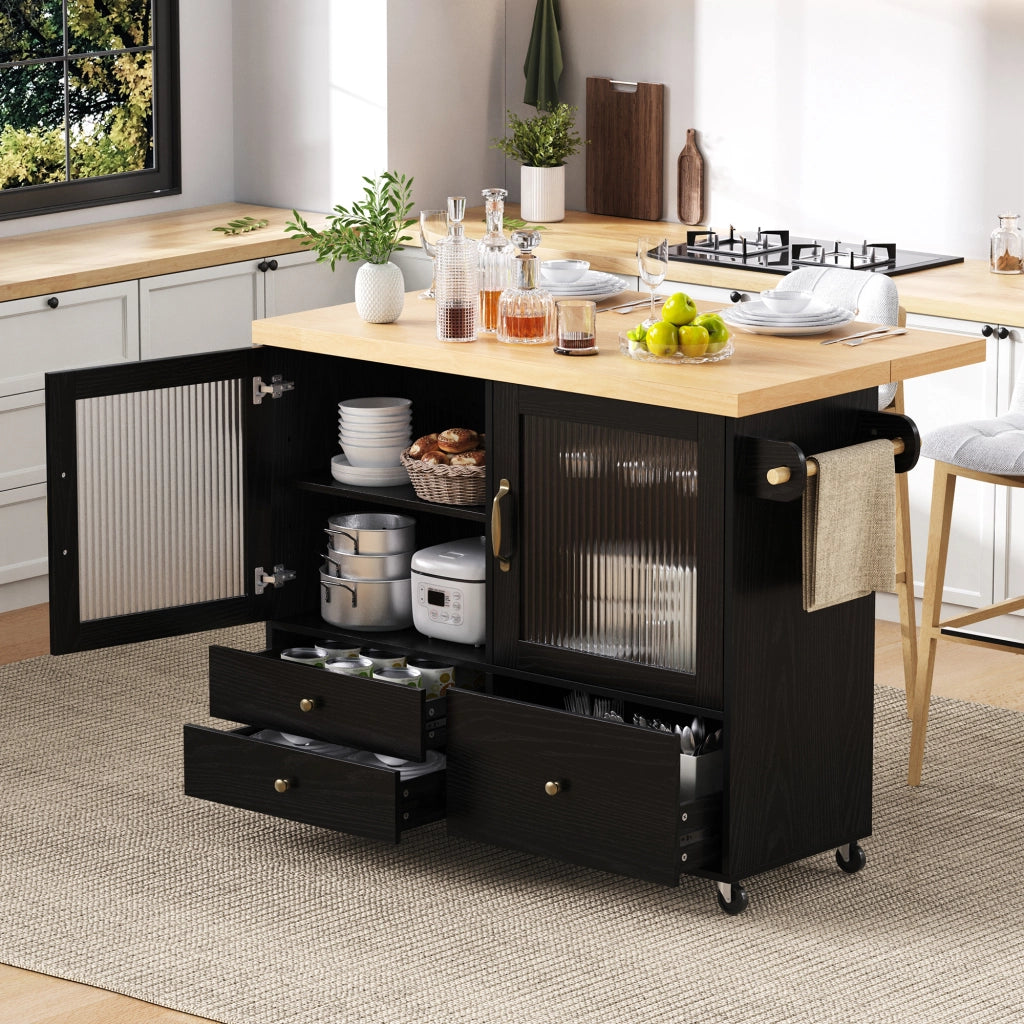 Mobile cucina con ruote e tavolo estraibile - Zephmum - Portabottiglie e spazio di archiviazione, nero