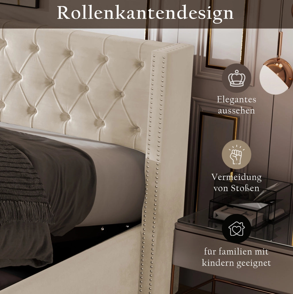 Letto matrimoniale contenitore in velluto beige 160x200 cm