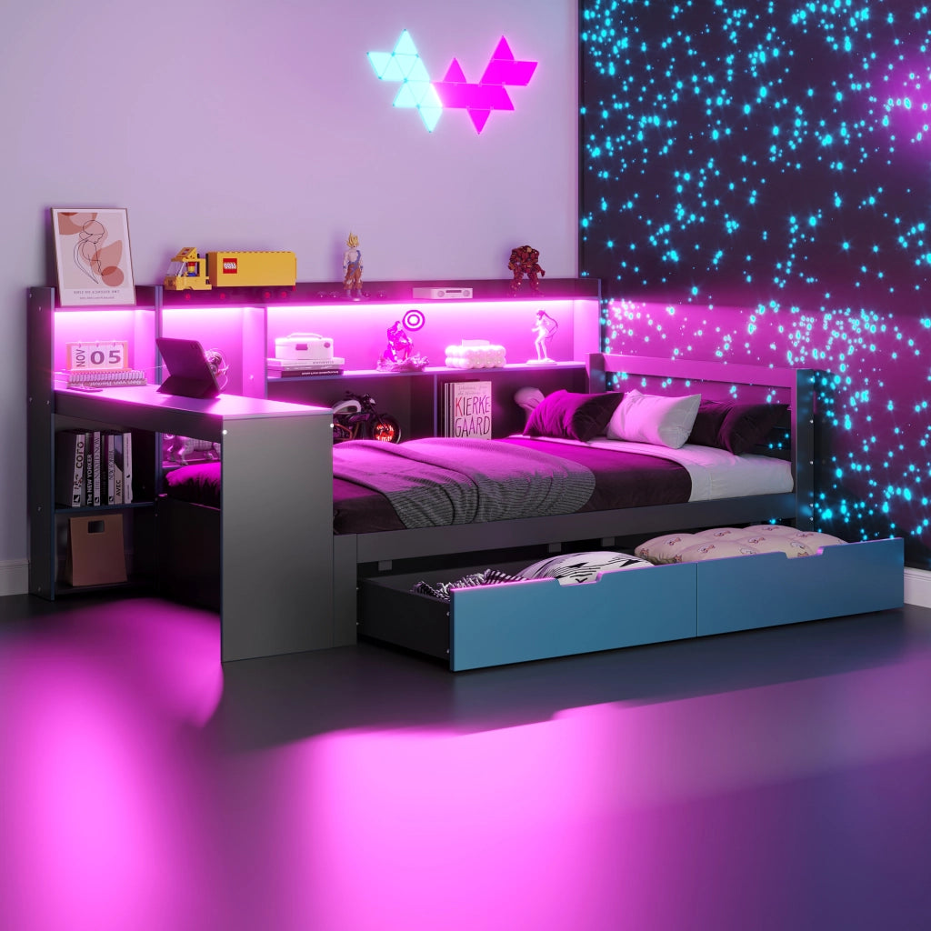 Letto a Soppalco con Scrivania ¨C MINIMAL ¨C Nero e Blu, Legno, 90x200, LED, Cassetti, Contenitore