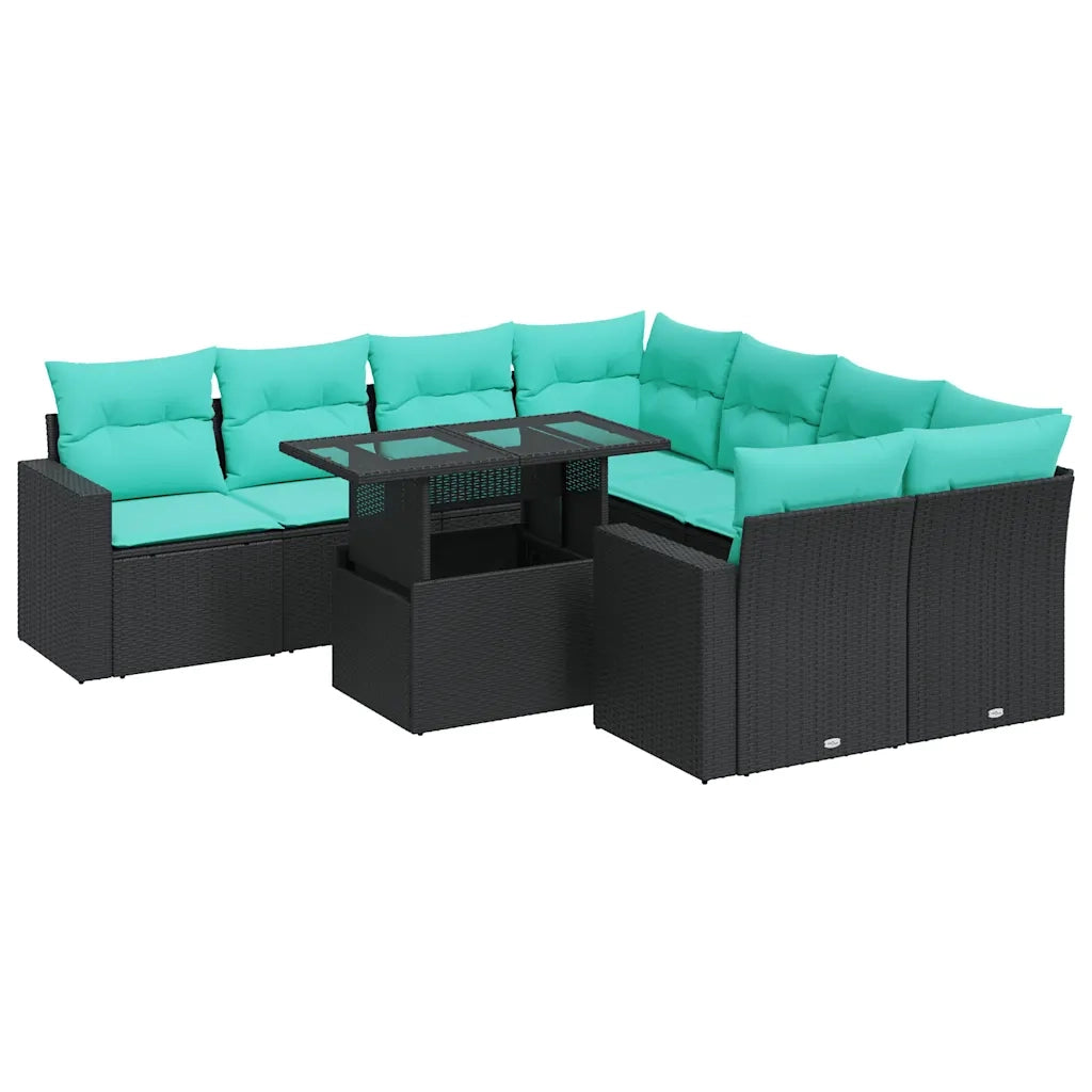 Set Divani da Giardino 9 pz con Cuscini Nero Polyrattan Acacia