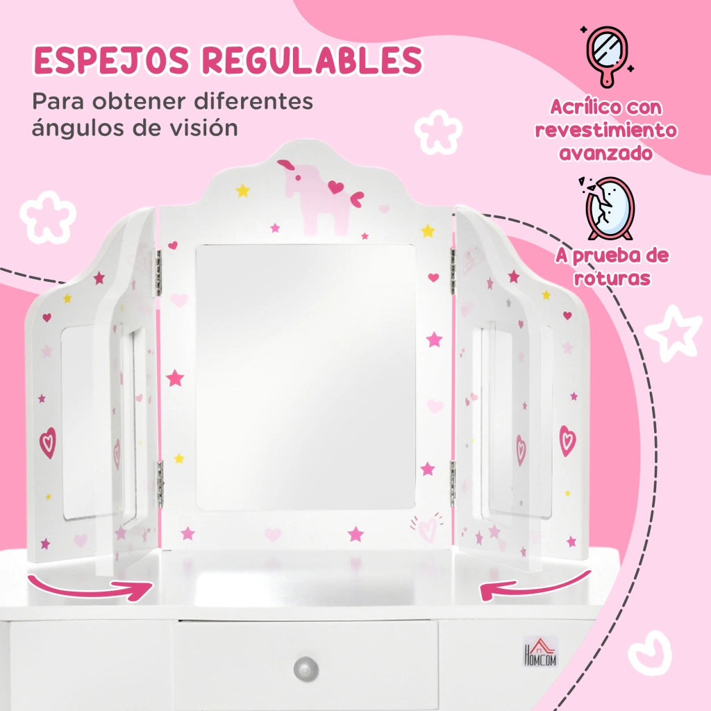 Toletta bambini con sgabello e specchio regolabile ¨C Xylo ¨C bianco, con cassetto, 3-6 anni