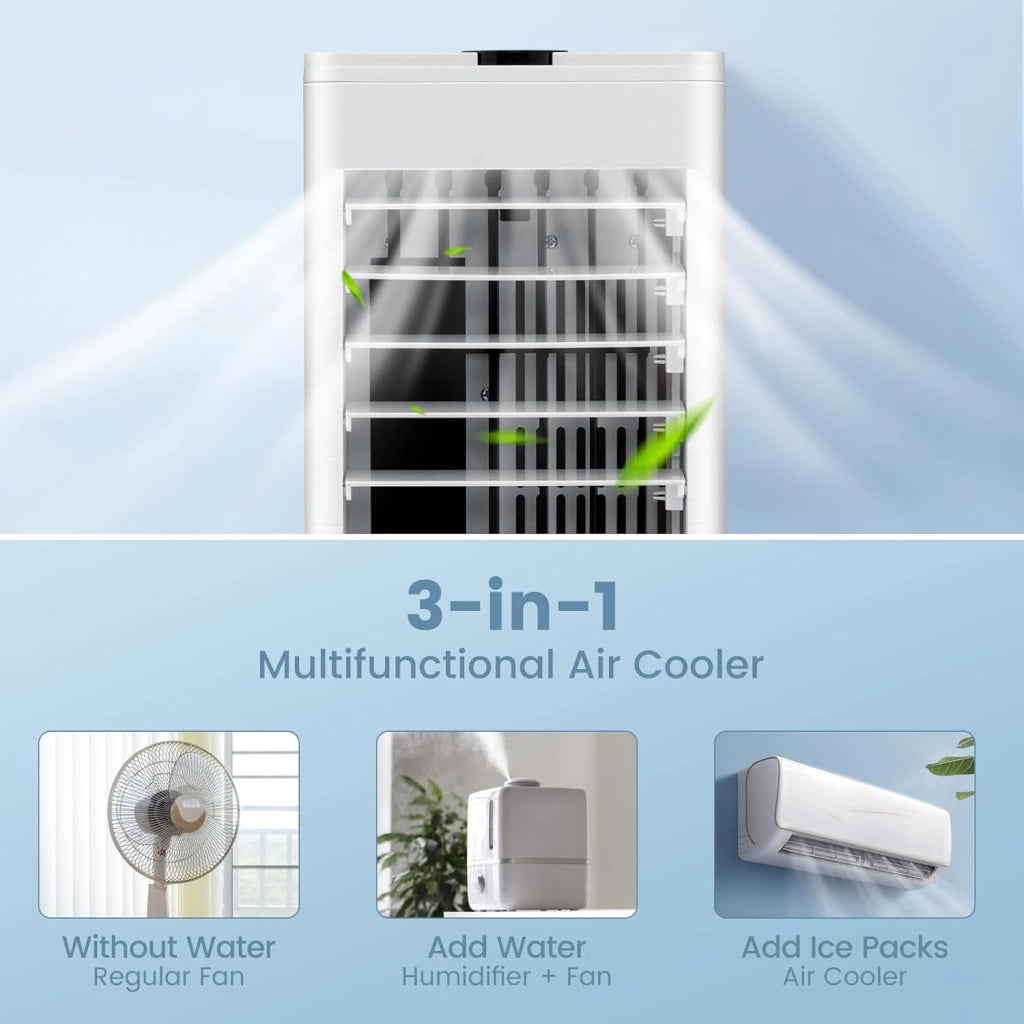 Ventilatore Condizionatore, 3 in 1 Ventilatore & Umidificatore & Raffrescatore, 3 Velocità, 2 Serbatoi d'Acqua, Timer 12H, Telecomando, per Salone, Camera da Letto, Ufficio (Bianco)