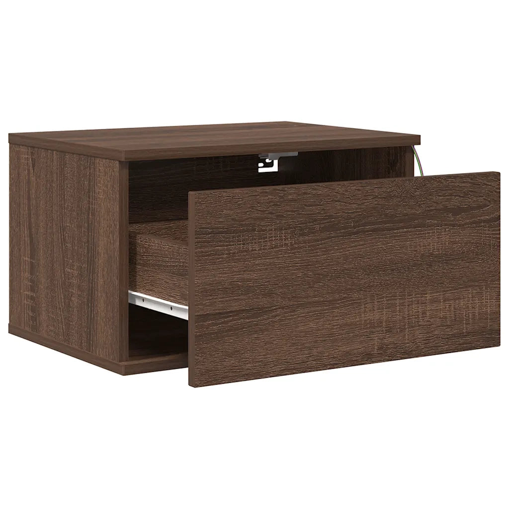 Comodino | Armadio da Notte | Mobiletto da notte a Parete con luci LED Rovere Marrone