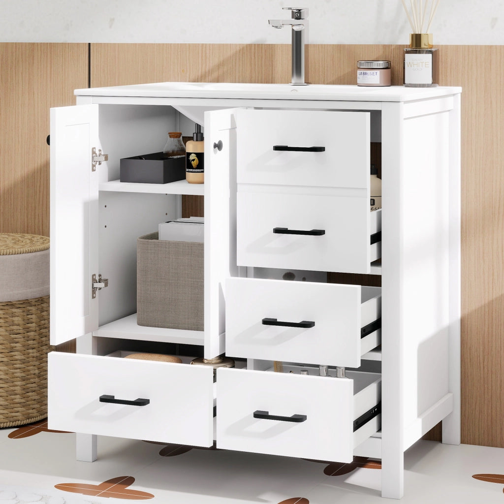 Mobile bagno freestanding 76¡Á46¡Á82 cm con lavabo in ceramica, MDF laccato bianco, 4 cassetti e ripiani regolabili