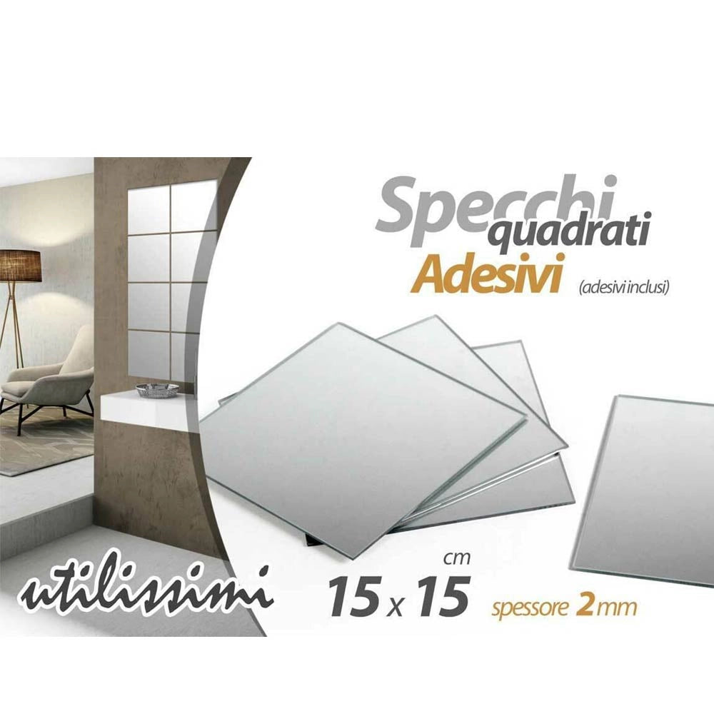 Set 8 Specchi Quadrati Mosaico Adesivi Specchio 15x15cm Decorazione Parete Casa