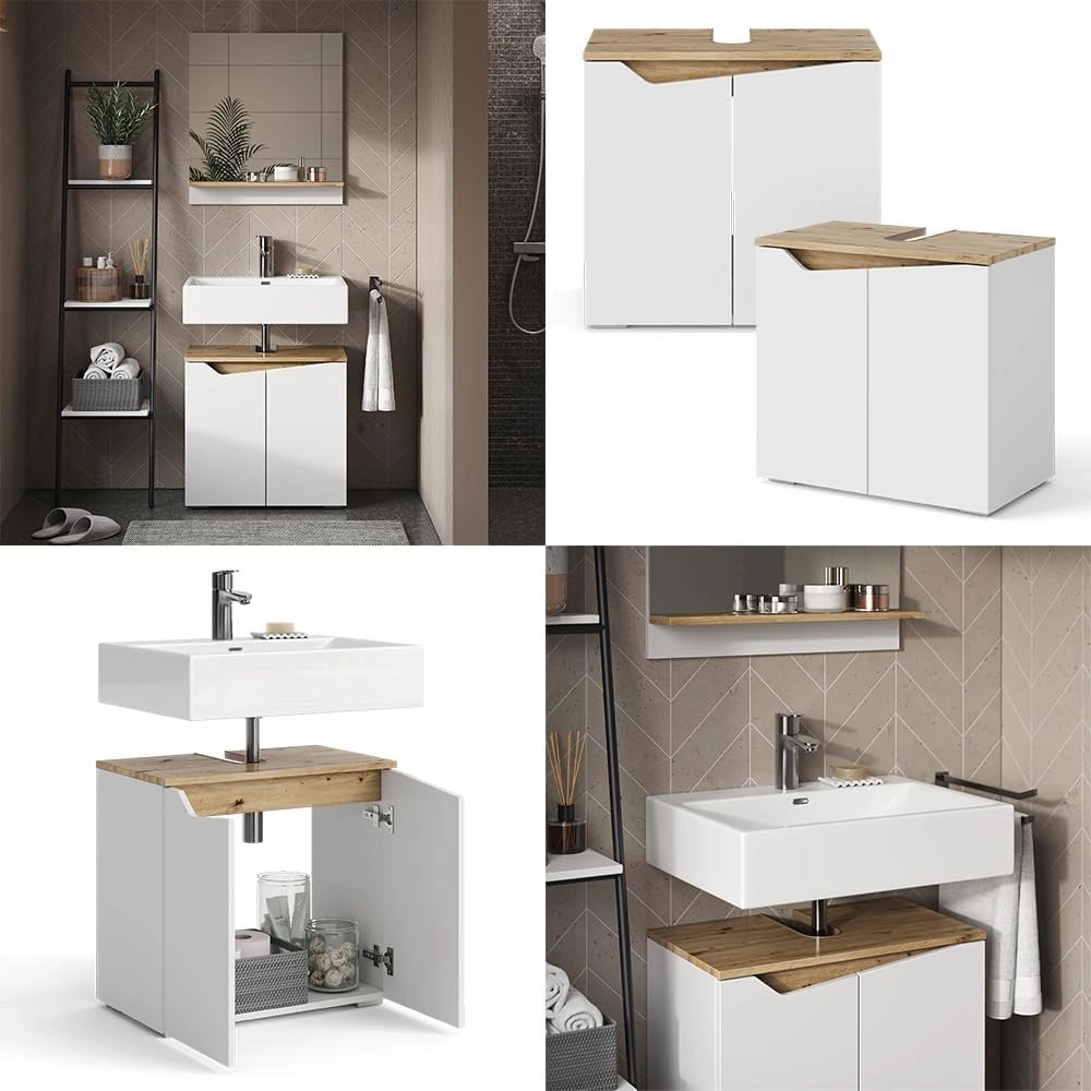 Mobile sottolavabo per bagno Marelle, Bianco/Artisan, 60 x 57.5 cm con 2 porte, con ritaglio per sifone per il montaggio sotto il lavabo