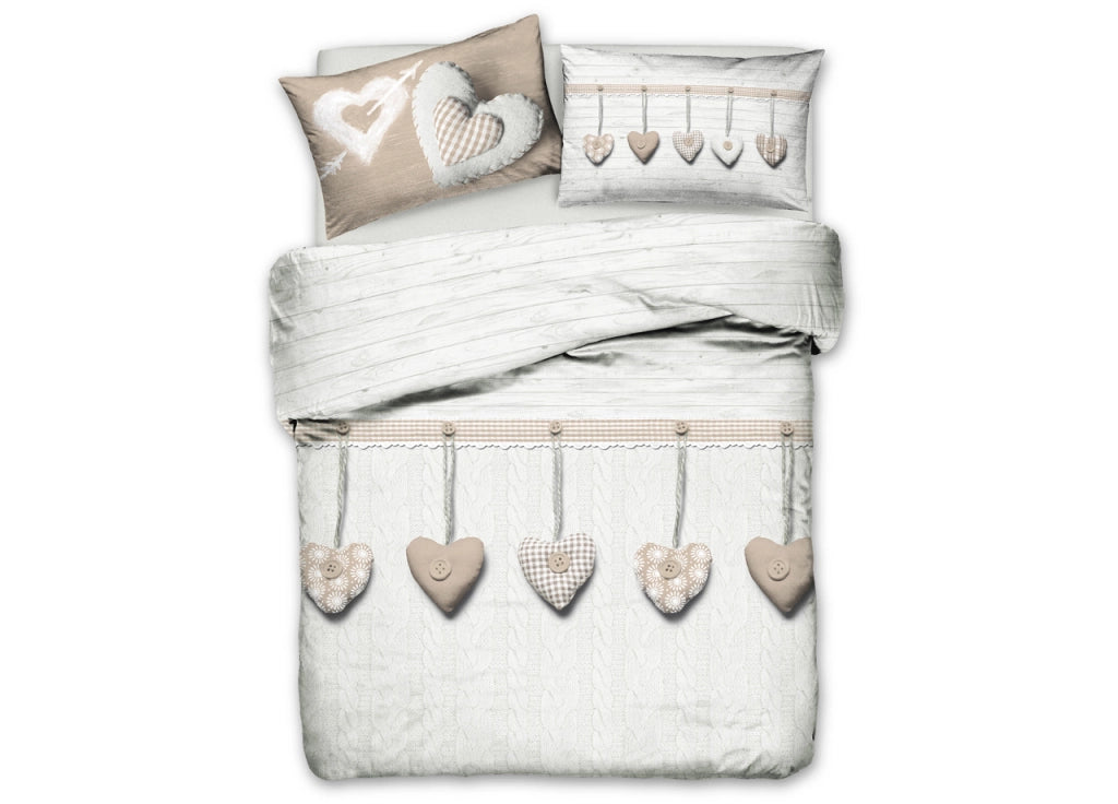 Copripiumino Sacco Piumone Pensieri Delicati Cotone Disegno Cuore Appeso - Matrimoniale - Beige