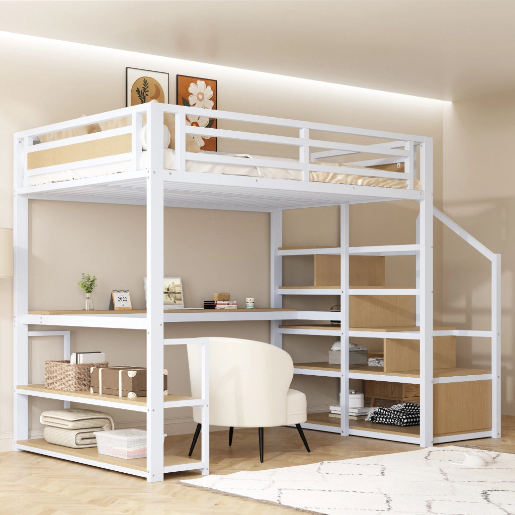 Letto a castello in metallo bianco con funzione contenitore e scrivania 140x200 cm